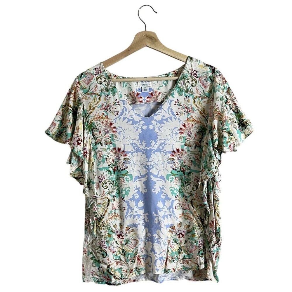 Sundance Arabella Blouse Size XS Floral Flutter Ruffle Sleeve Top 79634